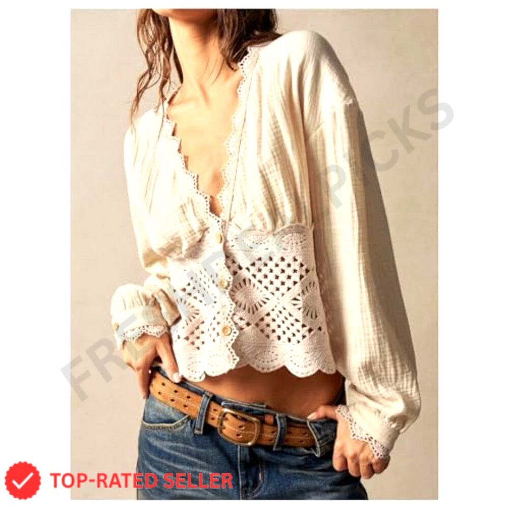 Crochet Patchwork Boho Blouse Deep V Neck Button … - image 4